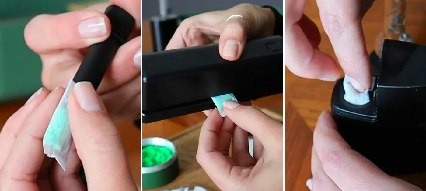 Filling a NAVA pouch with the injector, closing it in the heat sealer, and pressing it into a vaporizer oven